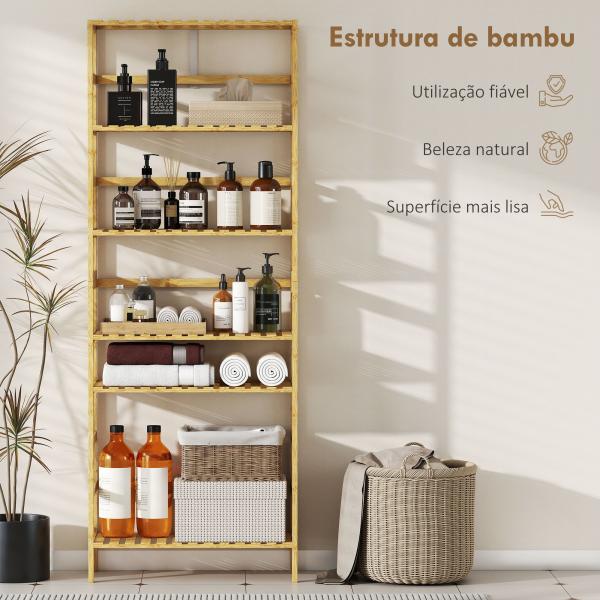 Estante de Bambu de 6 Níveis Prateleiras Ajustáveis para Espaços Pequenos Casa de Banho Cozinha 60x26x161 cm Madeira
