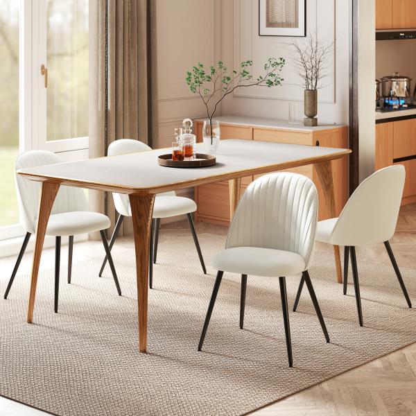 Conjunto de 4 Cadeiras de Sala de Jantar Modernas Cadeiras Estofadas em Veludo com Encosto Alto e Pés de Aço 50x52x83 cm Creme