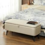 Banco de Armazenamento Estofado em Linho com Tampa Abatível e Pés de Aço Carga Máxima 150kg 101x38,5x44,5 cm Bege