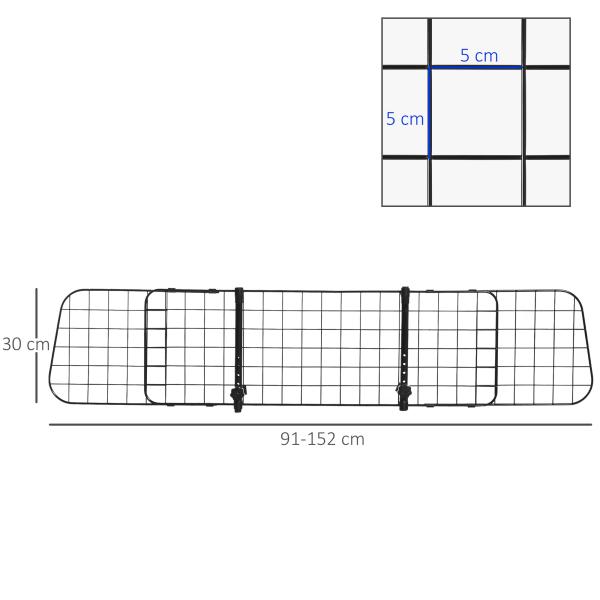 Grade de Segurança de Carro para Cães Extensível Universal Grade de Segurança para Cães com Largura Ajustável 91 - 152x30cm Preto
