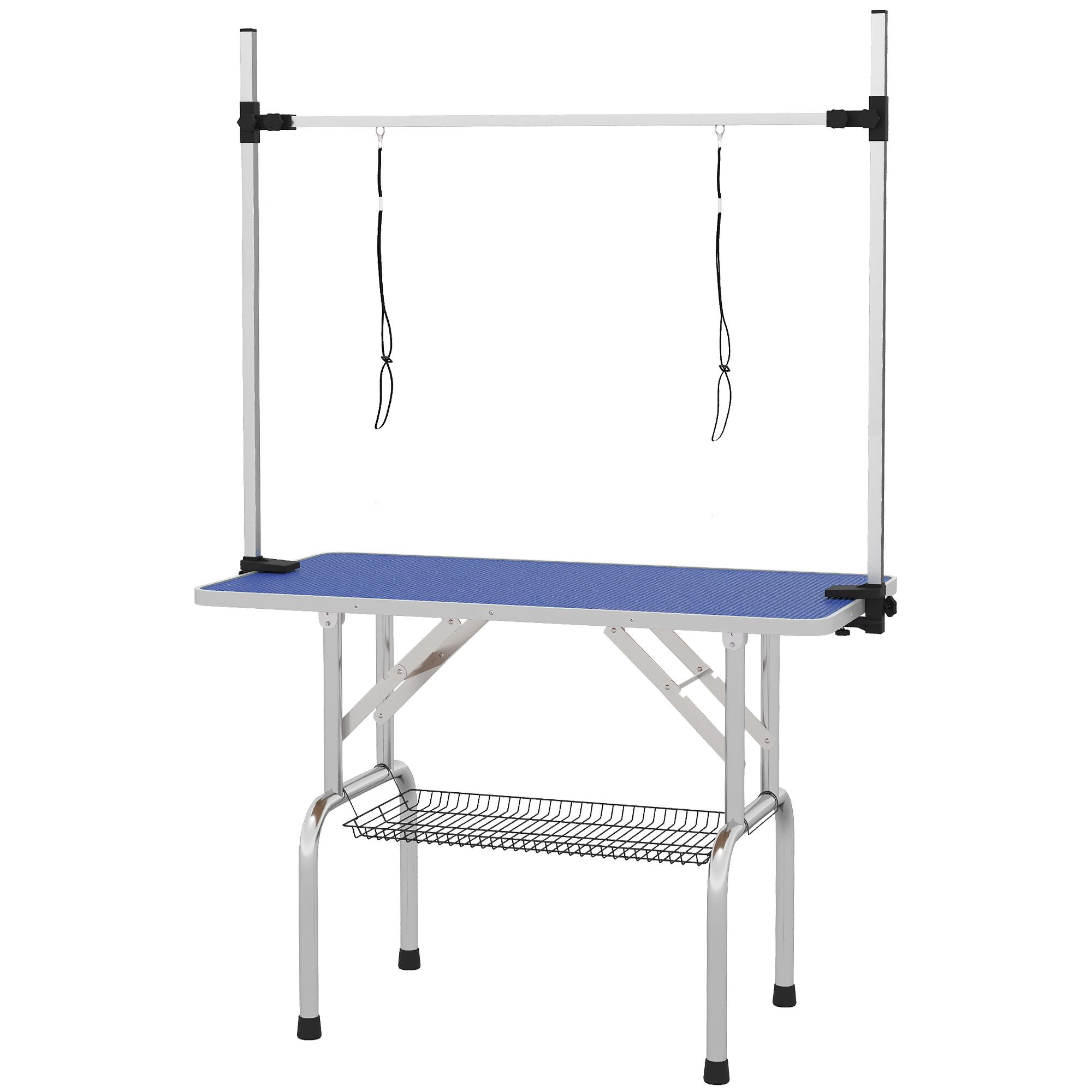 Mesa de Tosquia para Cães Dobrável com Prateleira de Armazenamento e Altura Ajustável 20 - 80 cm 107x60x170 cm Azul
