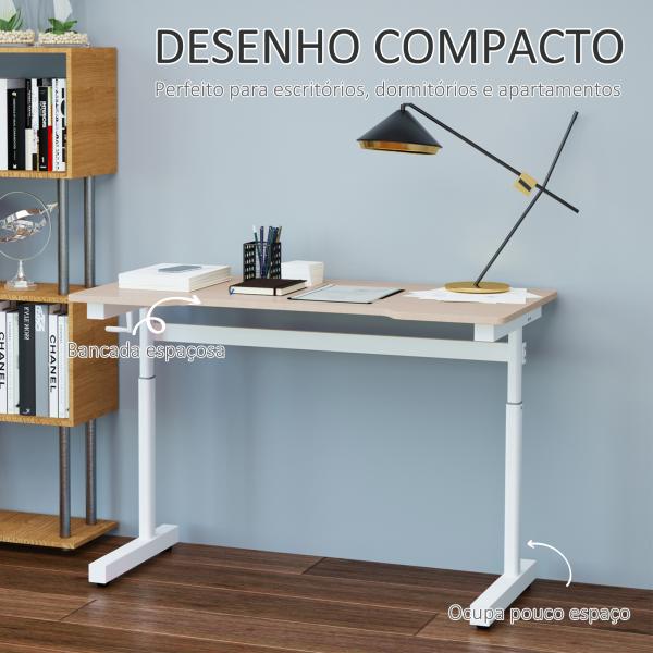 Secretária de Pé com Altura Ajustável a Manivela e Bancada de Carbono Secretária Elevatória para Escritório Estúdio Sala de Estar Carga Máxima 150kg 120x60x72 - 117cm Madeira e Branco