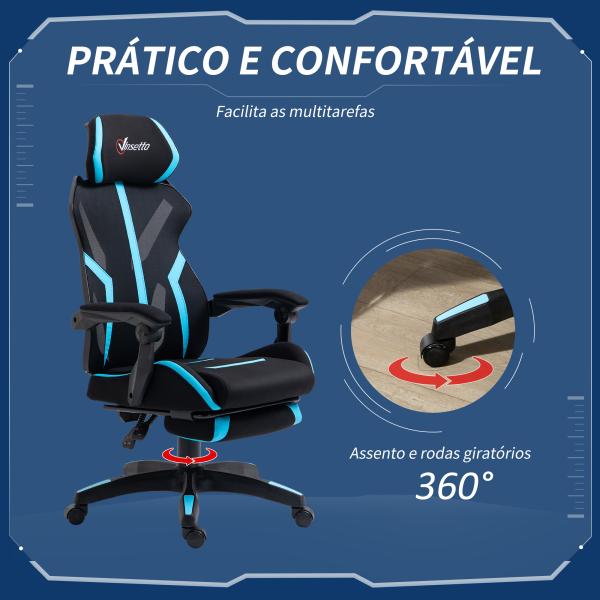 Cadeira de Gaming com Apoio para os Pés Retrátil Cadeira de Escritório Reclinável com Apoio para a Cabeça e Altura Ajustável 65x65x119 - 129cm Preto e Azul