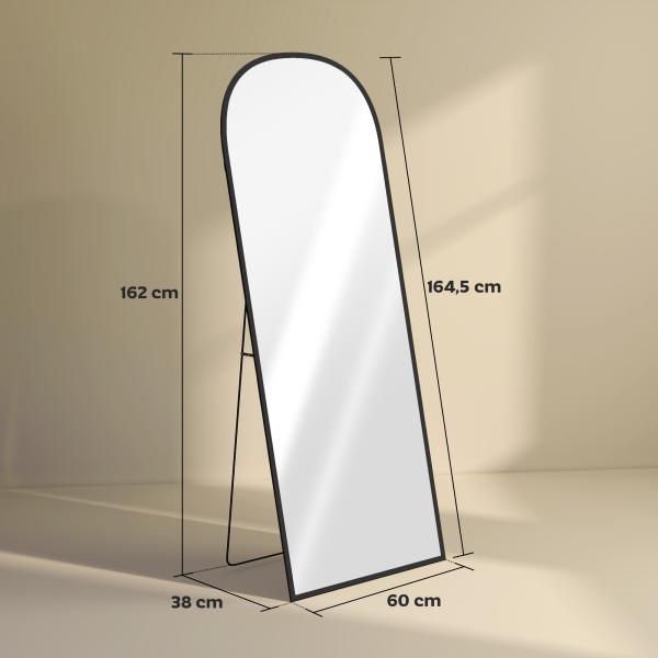 Espelho de Pé Espelho de Corpo Inteiro 60x165 cm com Estrutura de Liga de Alumínio e Suporte para Sala Quarto Preto