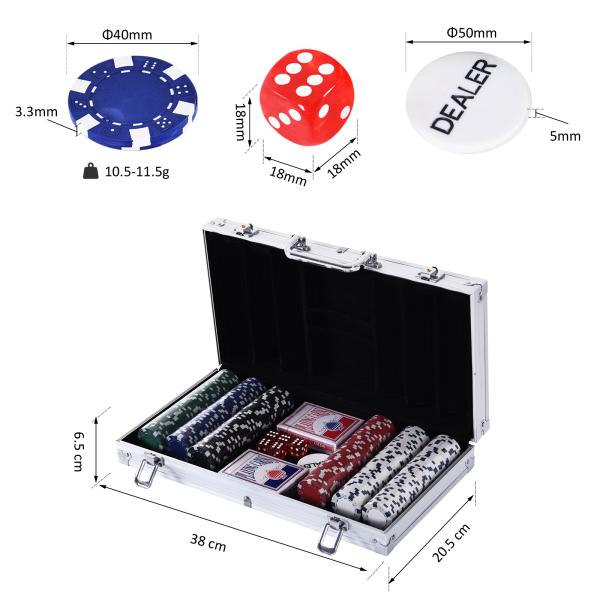 Mala de Poker Profissional com 300 Fichas Jogo de Poker com Mala de Alumínio 5 Dados 2 Baralhos de Cartas e 1 Ficha de Dealer 38x20,5x6,5cm Multicor