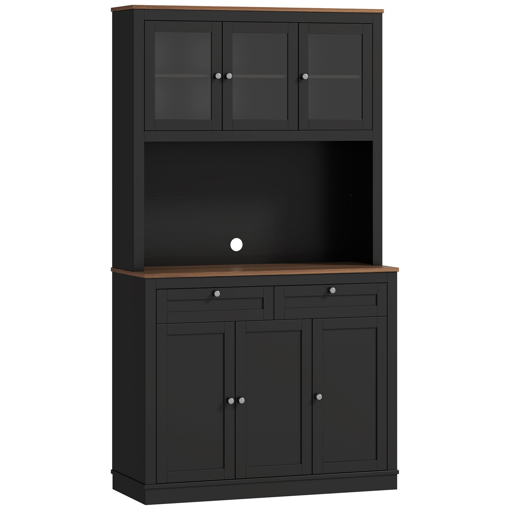 Armário de Cozinha com 3 Portas de Vidro Compartimento Aberto 2 Gavetas e Prateleiras Ajustáveis 100x40x180 cm Preto