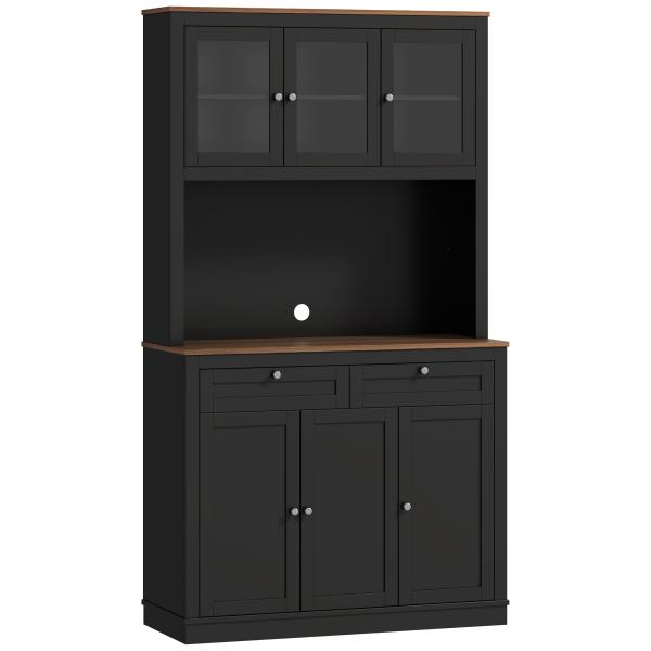 Armário de Cozinha com 3 Portas de Vidro Compartimento Aberto 2 Gavetas e Prateleiras Ajustáveis 100x40x180 cm Preto
