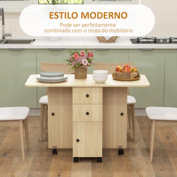 Mesa de Jantar Dobrável com Rodas Mesa Abatível com 2 Gavetas e Armário Mesa Auxiliar Multifuncional 120x60x76,5 cm Madeira