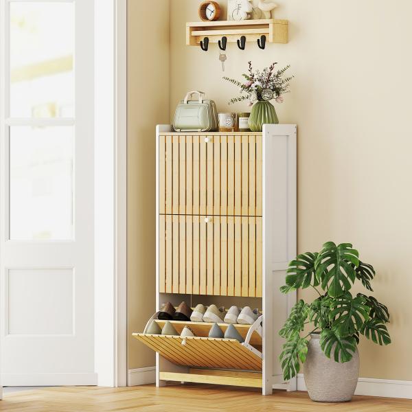 Sapateira Estreita com 3 Portas de Bambu Prateleiras Ajustáveis para 18 Pares de Sapatos 60x24x118 cm Branco e Madeira