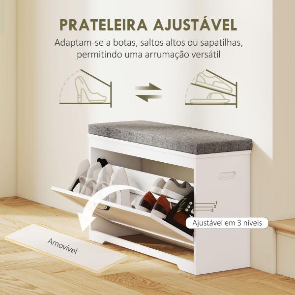 Banco Sapateira Moderno com Assento Acolchoado Prateleira Ajustável para 8 Pares de Sapatos 80x30x50 cm Branco