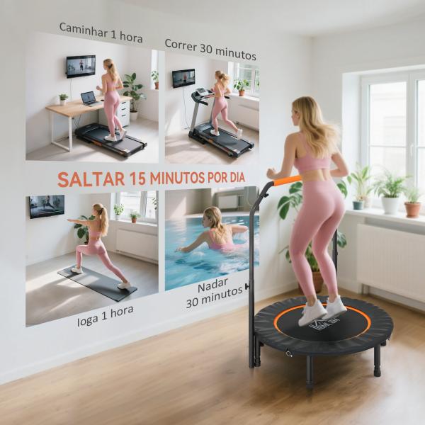 Trampolim Fitness Ø102 Trampolim Dobrável com Pega Ajustável em 4 Níveis Estrutura de Aço Preto e Laranja