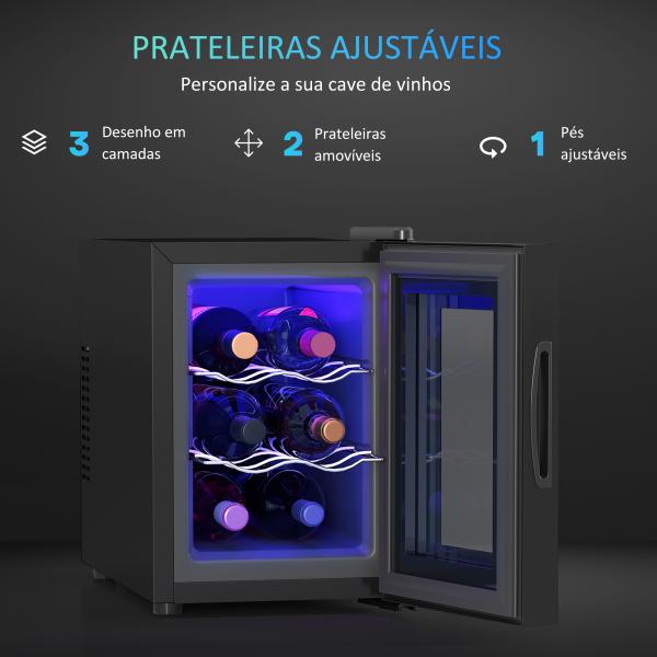 Cave de Vinho para 6 Garrafas com Luz LED Ecrã Tátil Controlo de Temperatura e 2 Prateleiras Ajustáveis 26,5x51,5x39,3 cm Preto