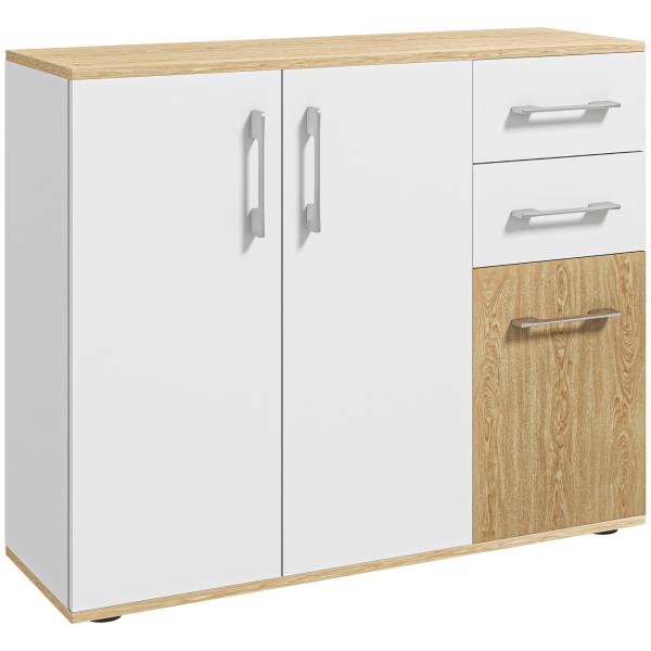 Aparador Sala de Estar Moderno com 2 Gavetas 2 Armários e Prateleiras Ajustáveis 90x30x75,5 cm Branco e Madeira