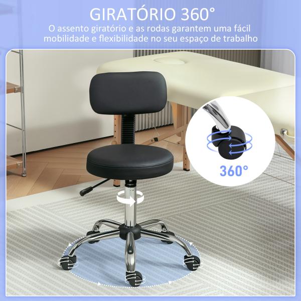 Banco Giratório Banco com Rodas e Encosto Banco de Trabalho com Altura Ajustável 78 - 93 cm Estofado em Couro Sintético Preto