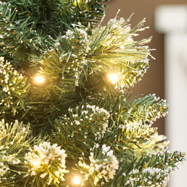 Mini Árvore de Natal Artificial com 35 Luzes LED 60 cm 64 Ramos com Neve Pinha Bagas e Base de Saco de Juta Ø41x60 cm Verde