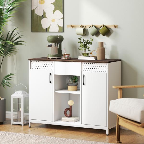 Aparador de 2 Portas com Orifícios 2 Compartimentos e Gaveta Prateleiras Ajustáveis 100x40x80 cm Branco e Castanho Rústico