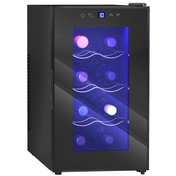 Cave para Vinhos com Refrigeração Termoelétrica Dupla Temperatura Ajustável 8 - 18℃ Porta de Vidro Anti - UV Ecrã LED Tátil Luz Interior 26,5x51,5x47,5 cm Preto