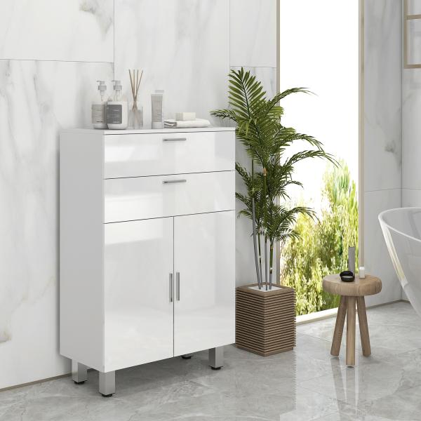 Móvel Auxiliar Casa de Banho 2 Gavetas e Armário Prateleiras Ajustáveis 60x30x93 cm Branco