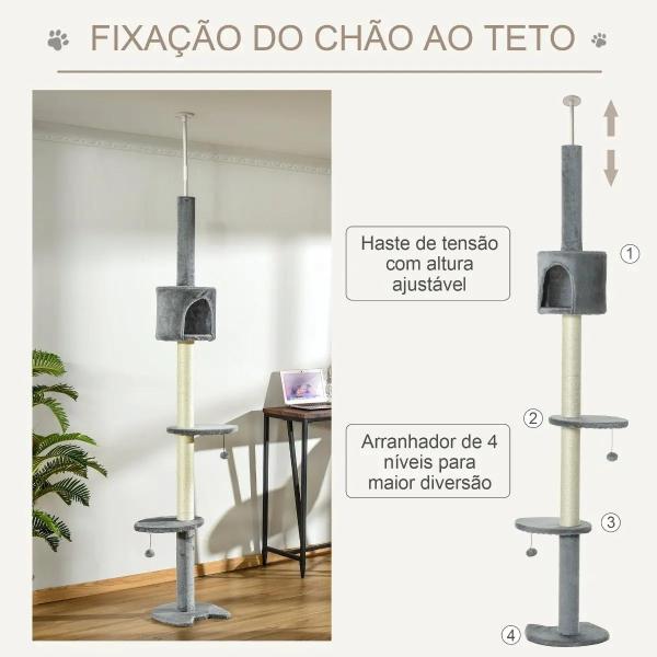 Árvore Arranhador para Gatos para Fixar ao Teto Altura Ajustável 229 - 235cm 260 - 266cm com Plataformas Caverna Postes de Sisal Bolas Penduradas 40x40x217 cm Cinza Claro