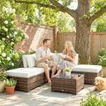 Conjunto de Jardim Exterior em Rattan de 6 Peças com Cadeira de Canto, 2 Cadeiras sem Braços, Apoio para Pés e Mesa Castanha