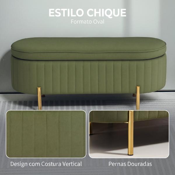 Banco de Cama com Arrumação em Veludo, Pés Dourados e Design Oval Elegante, 108x44x43,5 cm, Verde Escuro