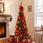 Árvore de Natal Artificial de 150 cm com 100 Luzes LED, 150 Ramos, 11 Modos, Bolas, Fitas e Base Dobrável, Verde e Vermelho