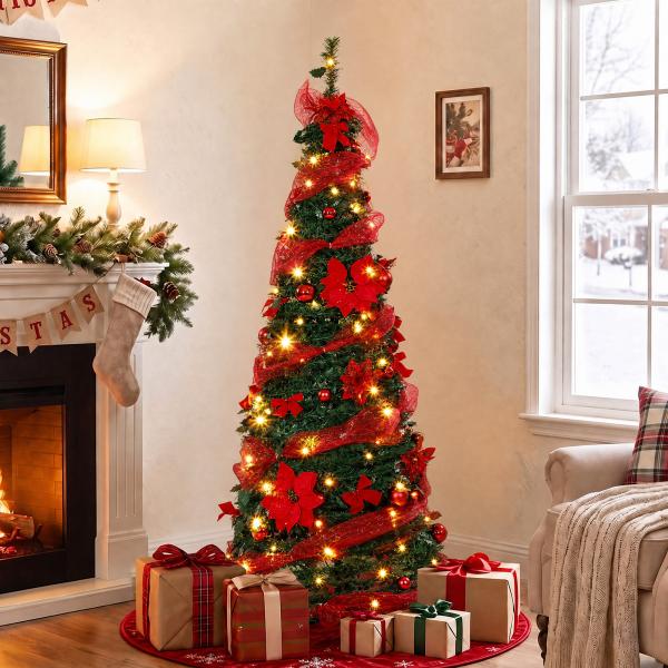 Árvore de Natal Artificial de 150 cm com 100 Luzes LED, 150 Ramos, 11 Modos, Bolas, Fitas e Base Dobrável, Verde e Vermelho