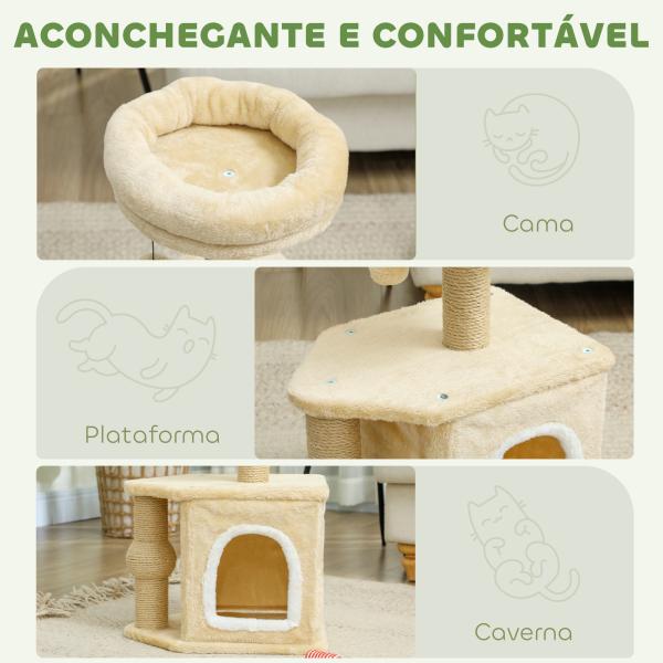 Arranhador para Gatos com Cama Caverna Plataforma Bola Suspensa e Poste de Juta 42x30x66 cm Marrom e Bege