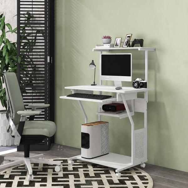 Secretária para Computador com Rodas, Bandeja para Teclado, Suporte para CPU e Prateleiras 80x50x130 cm Branco