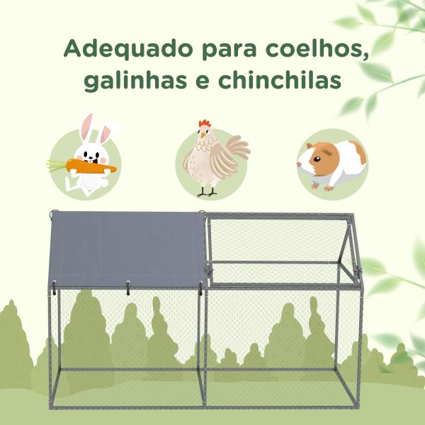 Gaiola para Pequenos Animais de Aço com 1 Porta Superior e Cobertura Anti - UV para Exterior Jardim 198x100x120 cm Prata