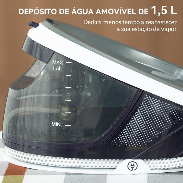 Ferro com Caldeira 2600W 100 g/min 8 Bares Função ECO Base de Cerâmica Desligamento Automático Sistema Anticalcário Autolimpeza Depósito Removível 1,5 L 37x19,8x24 cm Azul