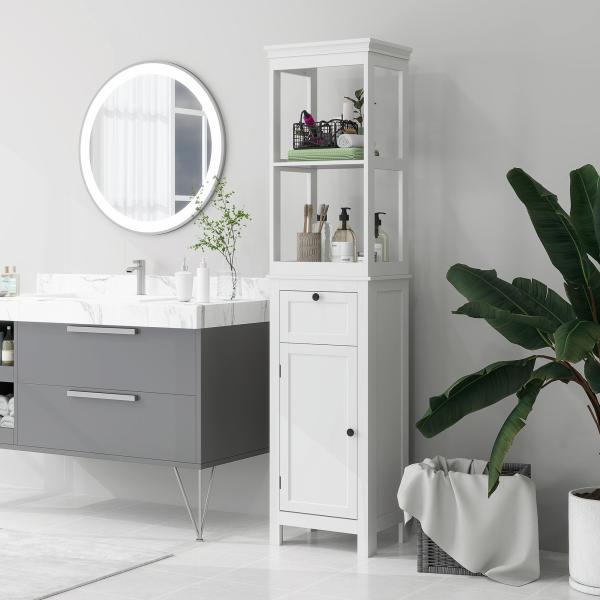 Coluna Casa de Banho Móvel Casa de Banho com Gaveta Porta Prateleira Ajustável e 2 Compartimentos 40x30x165 cm Branco