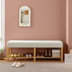 Banco Sapateira com Assento Acolchoado para 2 Pessoas Prateleira Aberta Estrutura de Madeira 140x44x48 cm, Creme e Madeira