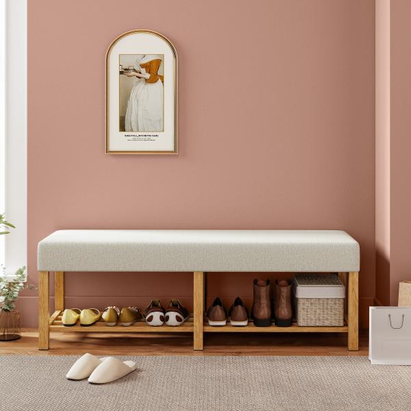 Banco Sapateira com Assento Acolchoado para 2 Pessoas Prateleira Aberta Estrutura de Madeira 140x44x48 cm, Creme e Madeira