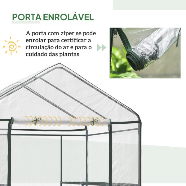 Estufa Transparente de Jardim Estufa de Plantas de 3 Níveis com Prateleiras Estrutura de Aço 143x143x195cm Transparente e Verde