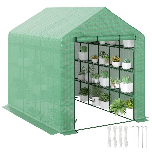 Estufa de Jardim Estufa de Exterior com Prateleiras de 4 Níveis Porta com Fecho de Correr e Estrutura de Aço 244x180x210 cm Verde