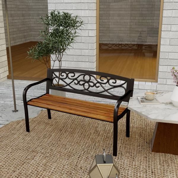 Banco de Jardim de 2 Lugares Banco de Exterior com Assento de Madeira e Estrutura de Aço 127x56x80 cm Madeira e Preto