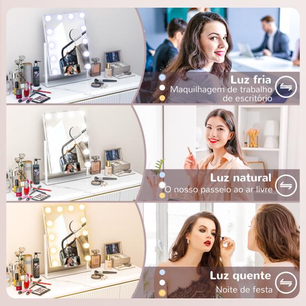 Espelho de Maquilhagem Estilo Hollywood com Luzes 12 Lâmpadas LED 3 Modos de Iluminação e Entrada USB 36,5x8,5x45,5 cm Branco