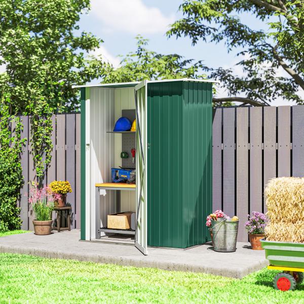 Abrigo de Jardim 142x84x189cm Abrigo de Jardim de Aço Galvanizado com Porta Fechadura e Orifícios de Drenagem para Armazenamento de Ferramentas Verde