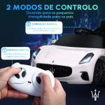 Carro Elétrico para Crianças Maserati Gran Turismo Folgore 12V Controlo Remoto Faróis Buzina e Música MP3 98x59x43 cm Branco