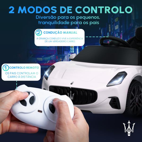 Carro Elétrico para Crianças Maserati Gran Turismo Folgore 12V Controlo Remoto Faróis Buzina e Música MP3 98x59x43 cm Branco