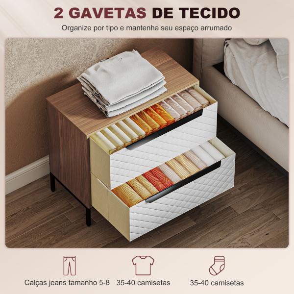 Cómoda com 2 Gavetas de Tecido Frentes com Padrão de Diamante Móvel de Arrumação 59,5x30x54 cm Madeira e Branco
