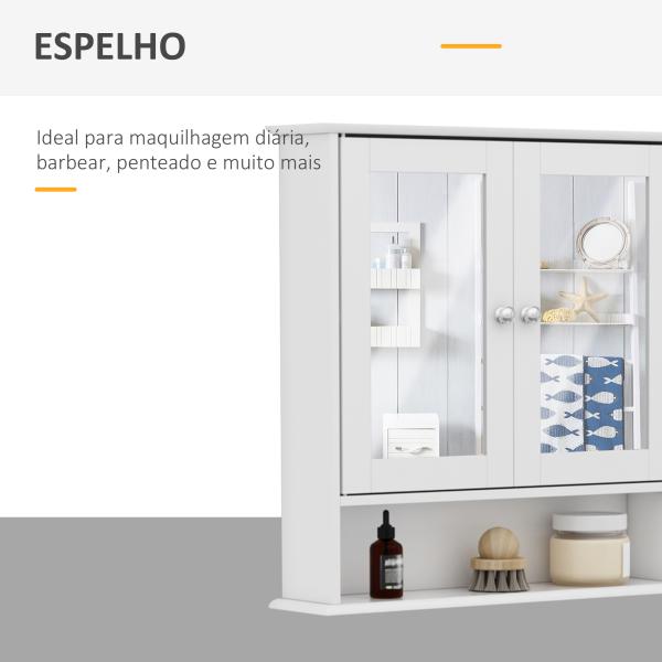 Armário de banheiro com parede de espelho com 2 portas 3 níveis de armazenamento de parede Cor Branco 56x13x58cm