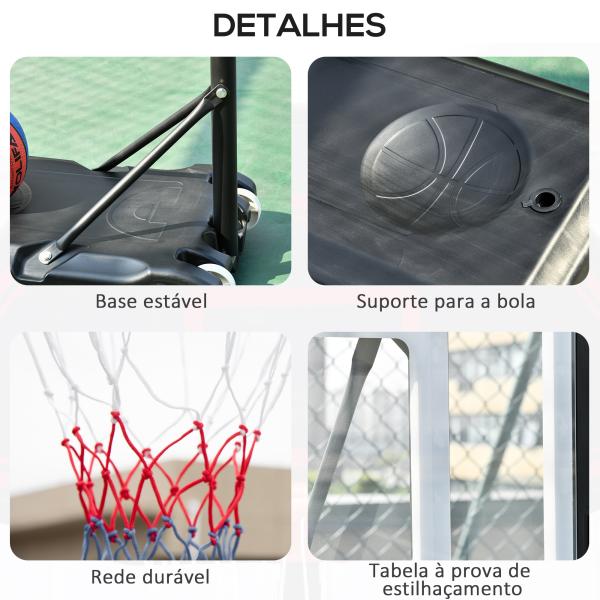 Tabela de Basquetebol para Exterior com Altura Ajustável 206 - 260 cm Rodas e Base Recarregável Preto