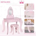 Toucador Infantil com Banco e Espelho Estilo Princesa Mesa de Maquilhagem Infantil com Gaveta 60x36x88cm Rosa