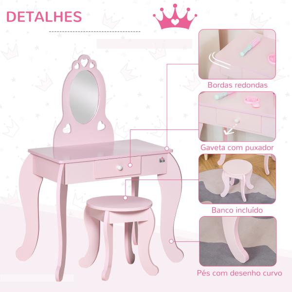 Toucador Infantil com Banco e Espelho Estilo Princesa Mesa de Maquilhagem Infantil com Gaveta 60x36x88cm Rosa