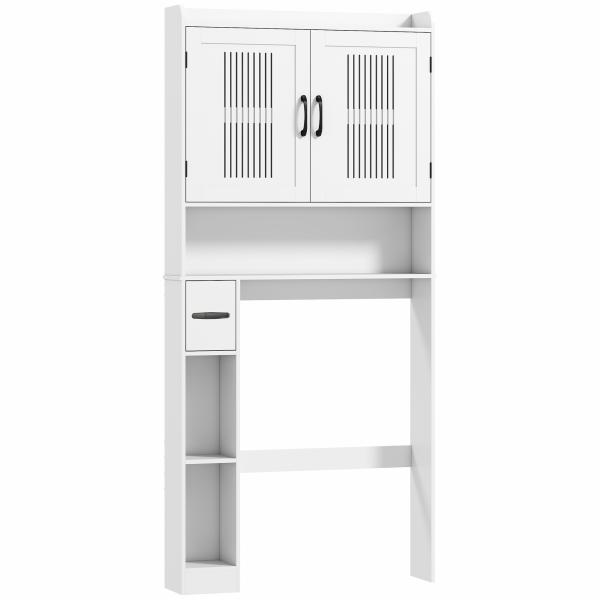 Armário sobre Sanita com Prateleira Ajustável 2 Portas Suporte para Papel Higiênico Armário para Máquina de Lavar 80x19,5x170 cm Branco