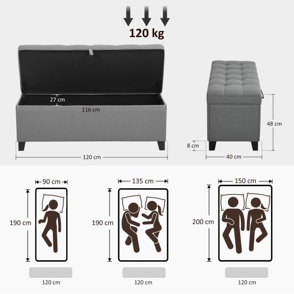 Banco de Armazenamento com 2 Dobradiças de Segurança Tampa Rebatível para Quarto Sala de Estar 120x40x48 cm Cinza Escuro