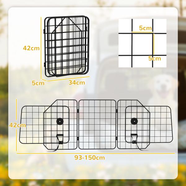 Grade de Segurança de Carro para Cães com Largura Ajustável Grade para Cães de Carro Dobrável 93 - 150x42 cm Preto