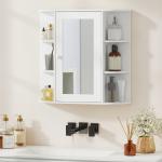 Armário de Casa de Banho com Espelho, Armário de Parede com Porta, Prateleiras Abertas, Móvel Suspenso para Cozinha, Sala, 66x17x63 cm, Branco